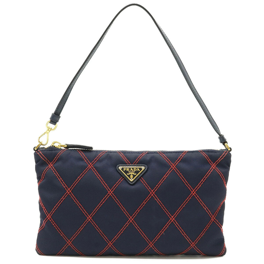 Prada Accessory Pouch Clutch Handbag Case Bag Quilted Leather Navy Blue
